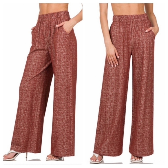 WIDE LEG PANTS/ PALAZZO W/POCKETS-NEW- DARK RUST-SIZE: XLARGE - Picture 2 of 4